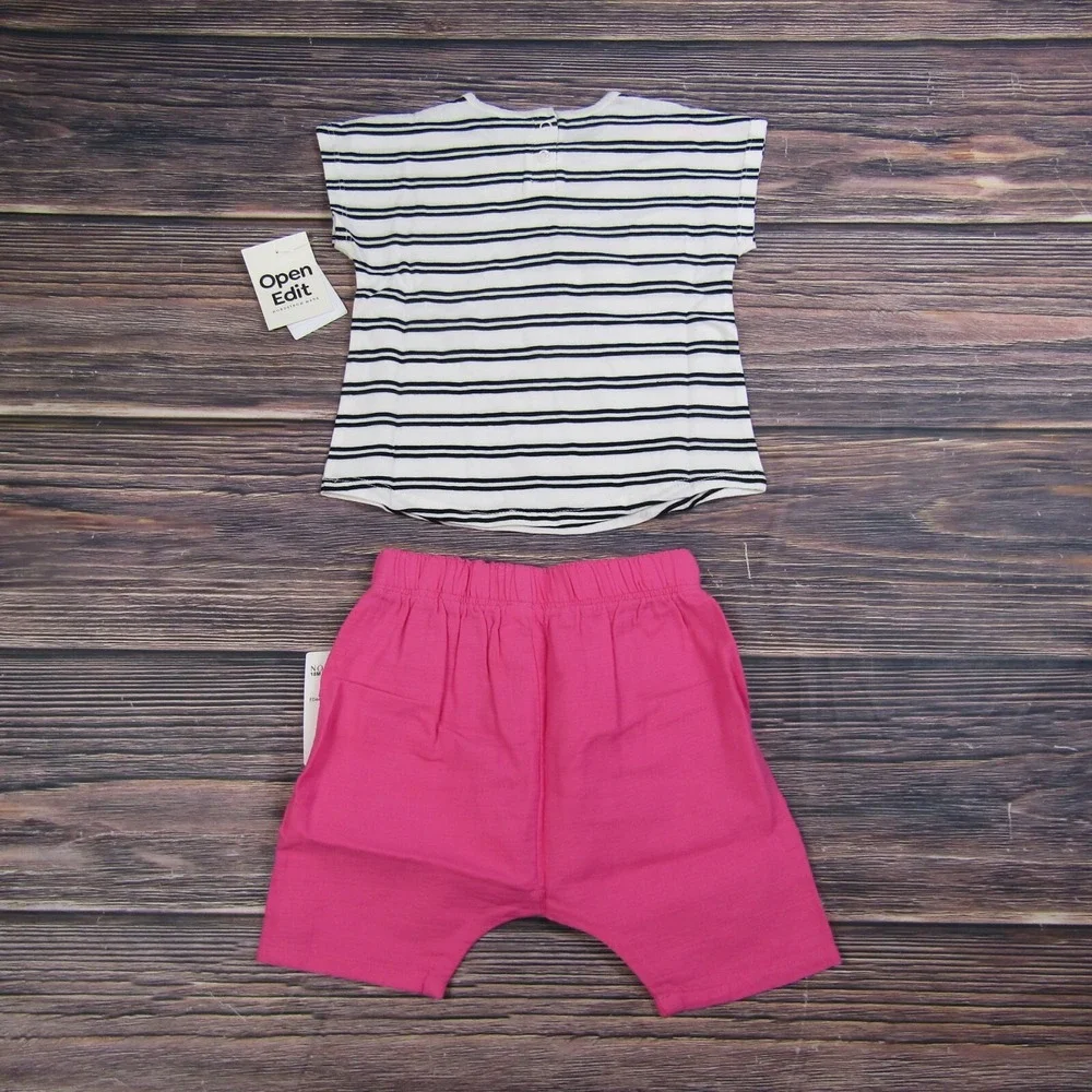 Open Edit NEW Girls Baby Toddler 18M White Pink‎ Striped Outfit Set